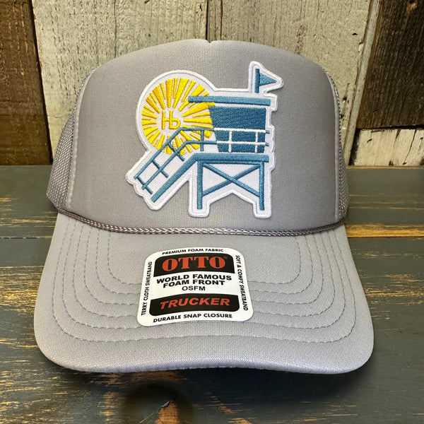 Hermosa Beach LIFEGUARD TOWER :: North of Pier - High Crown Trucker Hat - Grey (Curved Brim)
