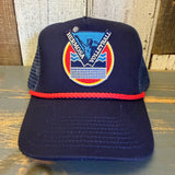 LET'S GET SERVED :: HERMOSA BEACH VOLLEYBALL 5 panel Trucker Hat - Navy/Red Braid