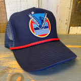 LET'S GET SERVED :: HERMOSA BEACH VOLLEYBALL 5 panel Trucker Hat - Navy/Red Braid