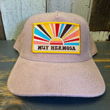 Dusty rose corduroy five-panel cap, ideal for casual wear. Features structured design and soft material.