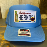 Hermosa Beach CALIFORNIA LICENSE PLATE High Crown Trucker Hat - Col. Blue