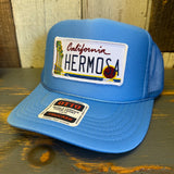 Hermosa Beach CALIFORNIA LICENSE PLATE High Crown Trucker Hat - Col. Blue