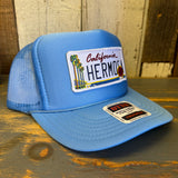 Hermosa Beach CALIFORNIA LICENSE PLATE High Crown Trucker Hat - Col. Blue