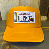 Hermosa Beach CALIFORNIA LICENSE PLATE High Crown Trucker Hat - Gold