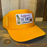 Hermosa Beach CALIFORNIA LICENSE PLATE High Crown Trucker Hat - Gold