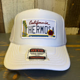Hermosa Beach CALIFORNIA LICENSE PLATE High Crown Trucker Hat - White