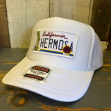 Hermosa Beach CALIFORNIA LICENSE PLATE High Crown Trucker Hat - White