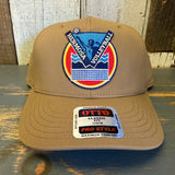 LET'S GET SERVED :: HERMOSA BEACH VOLLEYBALL 5 Panel Mid Profile Baseball Cap - Wheat Brown
