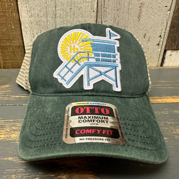 Hermosa Beach NORTH OF PIER 6 Panel Low Profile Trucker Hat - Dark Green/Khaki