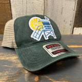 Hermosa Beach NORTH OF PIER 6 Panel Low Profile Trucker Hat - Dark Green/Khaki