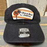 Black denim dad hat with retro sunset and palm trees, 6-panel low profile style, suitable for casual wear.