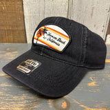 Black denim dad hat with retro sunset patch, palm tree, and birds; suitable for everyday casual wear.