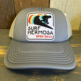 Hermosa Beach SURF HERMOSA :: OPEN DAILY 6 Panel Trucker Hat - Steel/White
