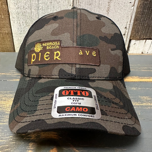 Hermosa Beach PIER AVE 6 Panel Low Profile Trucker Hat - Camo/Black