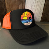 Hermosa Beach OBLIGATORY SUNSET Trucker Hat - Black/Neon Orange