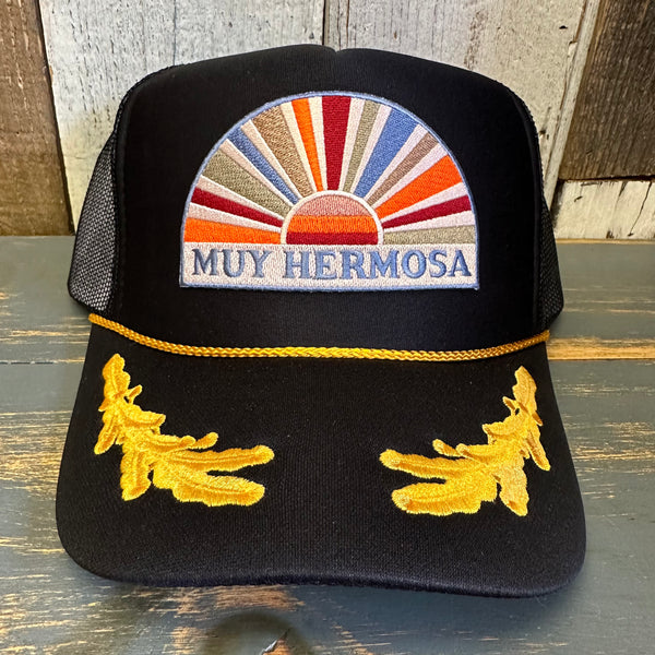 Hermosa Beach MUY HERMOSA 5 Panel High Crown Mesh Back Captain Trucker Hat- Black/Gold