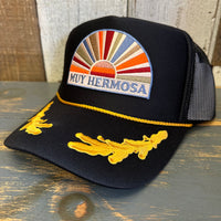 Hermosa Beach MUY HERMOSA 5 Panel High Crown Mesh Back Captain Trucker Hat- Black/Gold