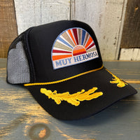 Hermosa Beach MUY HERMOSA 5 Panel High Crown Mesh Back Captain Trucker Hat- Black/Gold