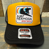 Hermosa Beach SURF HERMOSA :: OPEN DAILY 5 Panel High Crown Mesh Back Trucker Hat- Black/Gold