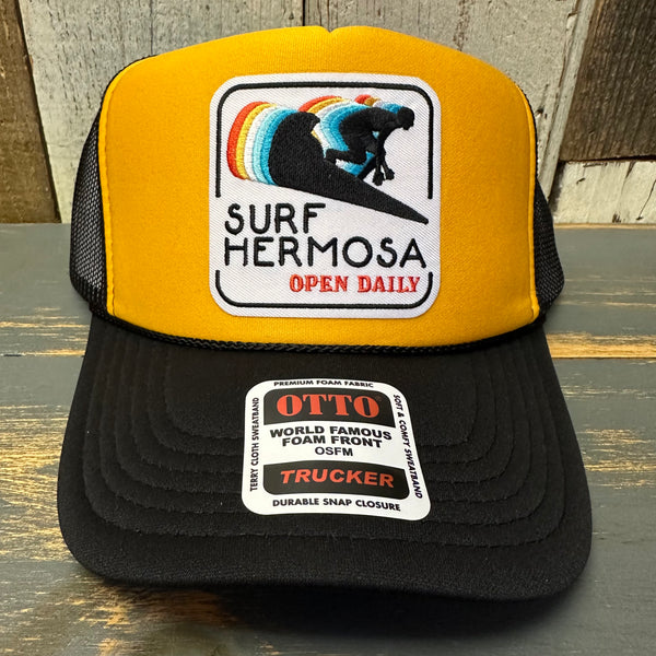 Hermosa Beach SURF HERMOSA :: OPEN DAILY 5 Panel High Crown Mesh Back Trucker Hat- Black/Gold