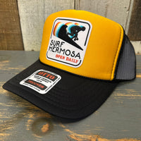 Hermosa Beach SURF HERMOSA :: OPEN DAILY 5 Panel High Crown Mesh Back Trucker Hat- Black/Gold