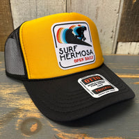 Hermosa Beach SURF HERMOSA :: OPEN DAILY 5 Panel High Crown Mesh Back Trucker Hat- Black/Gold