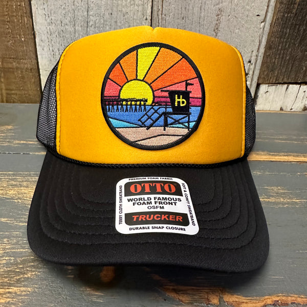 Hermosa Beach OBLIGATORY SUNSET 5 Panel High Crown Mesh Back Trucker Hat- Black/Gold
