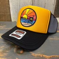 Hermosa Beach OBLIGATORY SUNSET 5 Panel High Crown Mesh Back Trucker Hat- Black/Gold