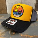 Hermosa Beach OBLIGATORY SUNSET 5 Panel High Crown Mesh Back Trucker Hat- Black/Gold