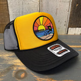 Hermosa Beach OBLIGATORY SUNSET 5 Panel High Crown Mesh Back Trucker Hat- Black/Gold