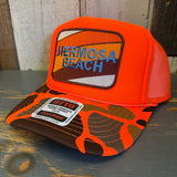 Hermosa Beach GOLF CARTS & YOGA PANTS High Crown Trucker Hat - Neon Orange Hunters Camo/Orange Backing