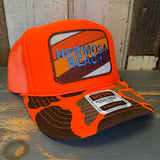 Hermosa Beach GOLF CARTS & YOGA PANTS High Crown Trucker Hat - Neon Orange Hunters Camo/Orange Backing