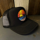 Hermosa Beach OBLIGATORY SUNSET Mid Crown Trucker Hat - Black (Curved Brim)