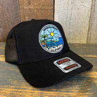 Hermosa Beach SHOREFRONT - 5 Panel Mid Profile Mesh Back Trucker Hat - Black