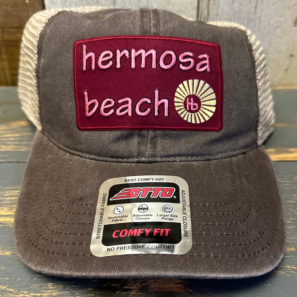 Hermosa Beach WELCOME SIGN 6 Panel Low Profile Trucker Hat - Dark Brown/Dark Brown/Khaki
