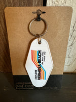 EXPLORE HERMOSA BEACH - THE BEST LITTLE BEACH CITY Retro Rainbow Motel Key Chain: White