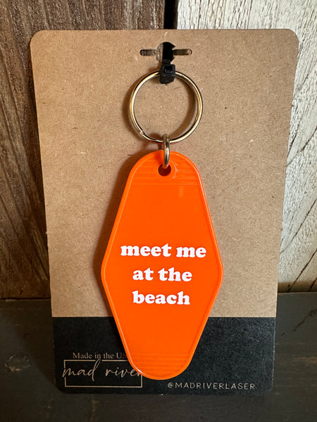 MEET ME AT THE BEACH :: Retro Motel Keychain - Orange (white text)