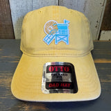 Yellow 6-panel dad hat with low profile, cotton material, lifeguard tower design, ideal for casual outdoor wear.