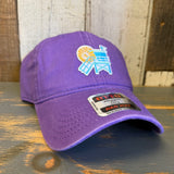 Purple 6-panel dad hat with LIFEGUARD TOWER design, cotton material; ideal for casual, beachwear use.