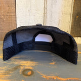 Back view of a black mesh 6-panel trucker hat with adjustable snapback closure for casual outdoor wear.