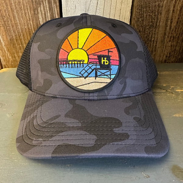 Hermosa Beach OBLIGATORY SUNSET :: "OTTO FLEX" 6 Panel Low Profile Mesh Back Trucker Hat - Midnight Camo