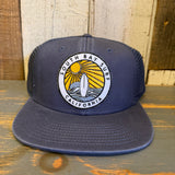 Midnight navy trucker hat with mesh back and multicolor surf patch, suitable for casual outdoor use.