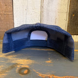 Faded midnight navy 6-panel trucker hat with mesh back, shown from the rear.