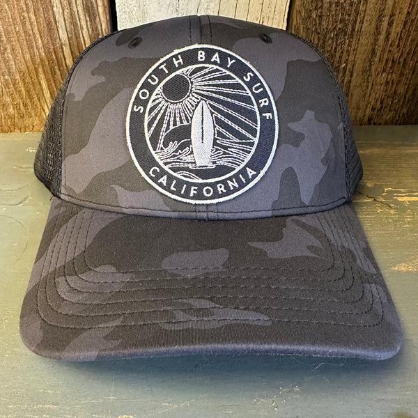 SOUTH BAY SURF (Navy Colored Patch) :: "OTTO FLEX" 6 Panel Low Profile Mesh Back Trucker Hat - Midnight Camo