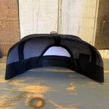 Black 5-panel mesh trucker hat with bison patch, adjustable snapback closure, polyester-cotton blend. Back view shown.
