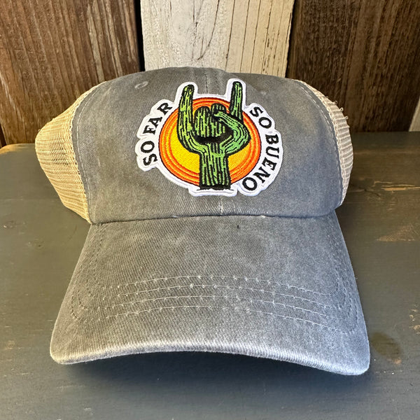 SO FAR ... SO BUENO 6 Panel Low Profile Mesh Hat - Light Grey/Khaki