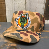 Camo 5-panel cotton twill hat with a cactus hand patch, designed for casual or workwear use.