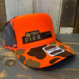 Hermosa Beach PIER AVE High Crown Trucker Hat - Neon Orange Hunters Camo