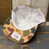 Camo 5-panel cotton twill hat, flipped to display barcode and interior brim lining.
