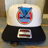 Black and natural 5-panel cap with adjustable snapback for fit, suitable for casual wear.